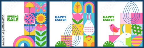 Set of Easter spring vector backgrounds. Flat geometric illustration. Festive design for banner, poster, card, print