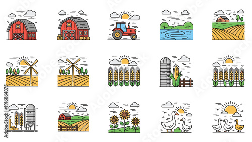 Comprehensive set of agriculture icons features barns, tractors, fields, and farm animals like ducks in a professional grid layout.