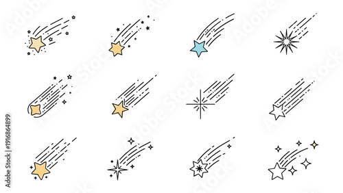 Collection of stylized shooting stars and comets shows various designs with trailing light and sparkles in a grid format.