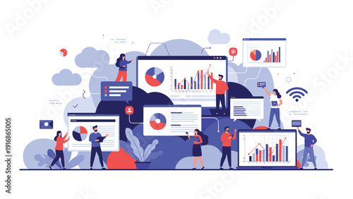 Professional team analyzing business data and financial statistics on various screens to illustrate teamwork and corporate strategy in digital workspace.