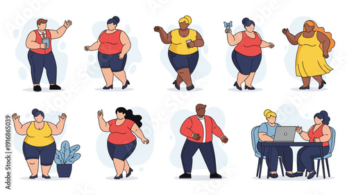 Group of body positive plus size men and women in various poses and activities celebrating diversity and self-confidence in a flat vector design.