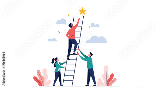 Team of business professionals helping a colleague climb a ladder to reach a golden star representing success, ambition, and corporate support.