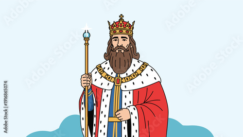 Portrait of a medieval king wearing a golden crown and red royal robe while holding a scepter against a light blue sky with clouds.