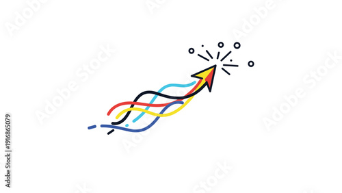 Dynamic colorful arrow composed of multiple wavy lines pointing upwards and to the right symbolizes progress, innovation, and diverse growth paths.