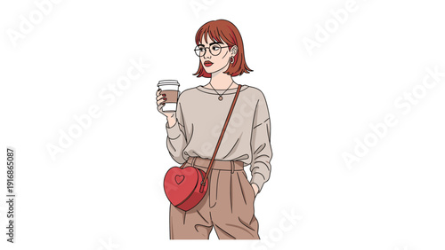 Stylish young woman with glasses and a red heart shaped bag holding a coffee cup while posing against a clean white background in vector art.