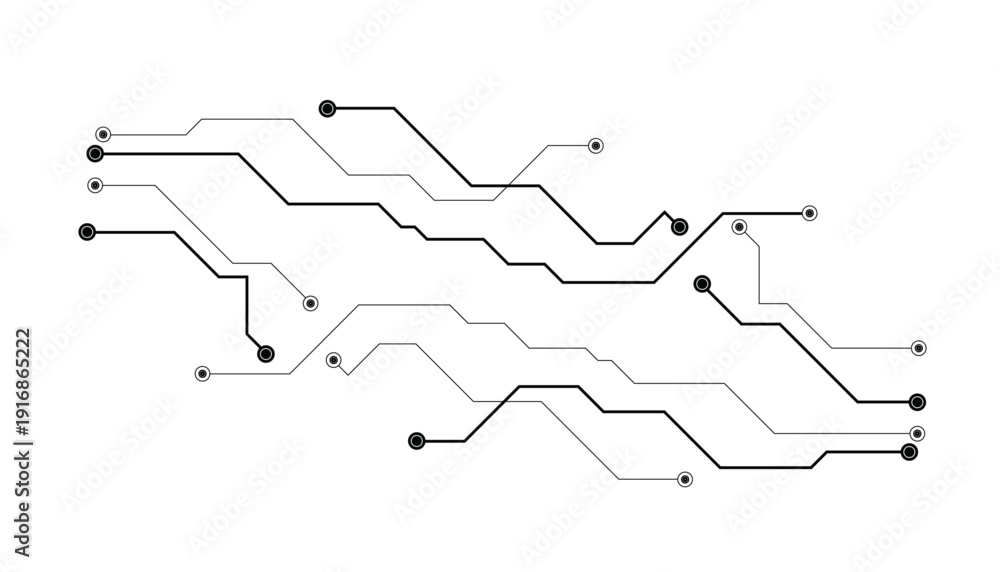 Obraz premium Minimalist circuit board pattern, black technology motherboard lines on white background, digital electronic connection network graphic
