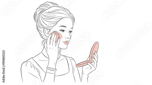 Elegant woman applying face powder with a sponge while looking into a handheld compact mirror in a classic line art style with pink accents.