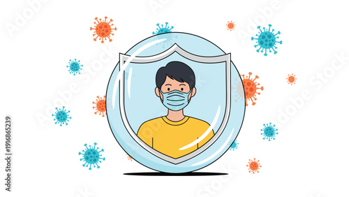Young man wearing a medical mask is surrounded by a protective glass bubble and shield to symbolize immunity and health safety against viruses.