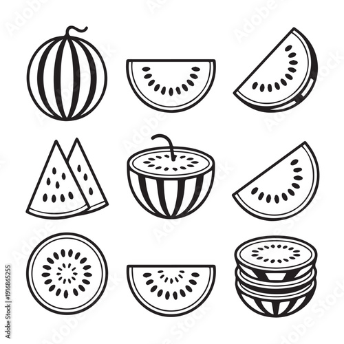 Watermelon fruit icons set featuring whole fruit slices and half pieces in black and white line art style for healthy food concepts and summer nutrition design elements for graphics