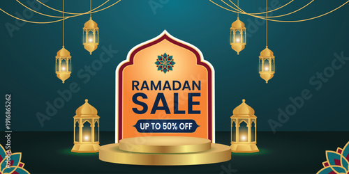 Ramadan Sale Celebration: A festive illustration for Ramadan sale, featuring golden lanterns, a podium, and intricate Islamic design, offering a visually rich representation of the holy month.
