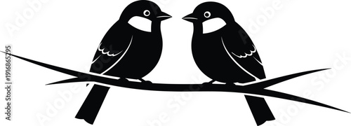 WebVector illustration of bird silhouettes perched on stylized branch in black artistic design, showcasing symmetry and detailed feathers, concept for wildlife, nature, decorative projects