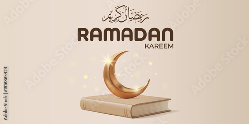 Ramadan Greeting Card: A graceful crescent moon resting upon a holy book. A symbol of peace and spiritual reflection during the month of Ramadan.