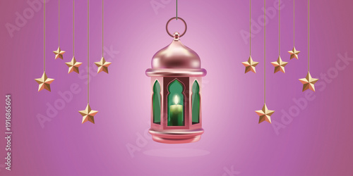 Lantern and Stars in a Violet Hues: a graceful lantern hanging with stringed star decorations, casting a warm and inviting glow against a backdrop of soft violet hues.