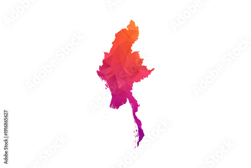 Myanmar Map - Polygon Style Vector Illustration in Orange and Pink Gradient, Low Poly Geometric Design, Isolated on White Background for Infographics and Education.