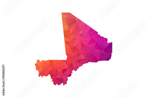 Mali Map - Polygon Style Vector Illustration in Orange and Pink Gradient, Low Poly Geometric Design, Isolated on White Background for Infographics and Education.