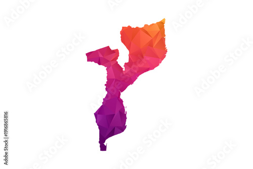 Mozambique Map - Polygon Style Vector Illustration in Orange and Pink Gradient, Low Poly Geometric Design, Isolated on White Background for Infographics and Education.