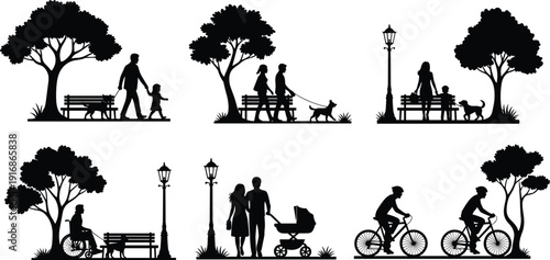 Park, life, silhouette, collection, with, people, walking, dogs, pushing, strollers, riding, bicycles, sitting, on, benches, trees, outdoors, public, garden, recreation, vector, illustration.