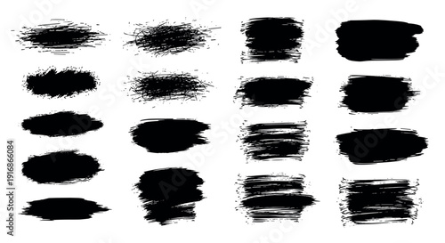 Black grunge brush stroke vector set with paint textures, ink smears, rough edges, and abstract artistic design elements