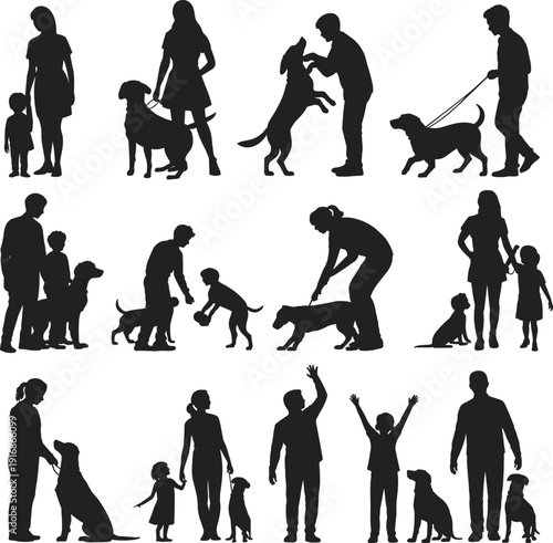 Black vector silhouette set of diverse people families and children playing with walking and training their pet dogs for domestic life and animal branding