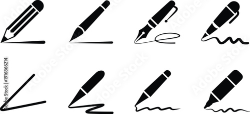 Eight black writing tools with different writing styles on a white background pencil