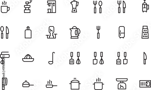 Kitchen and Cooking Line Icons Set, Hand Drawn Outline Kitchenware Collection with Coffee Maker, Kettle, Knife, Fork, Spoon, Blender, Pot, Scale and Utensils Isolated on Transparent Background