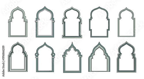 A collection of green architectural arches on a white background