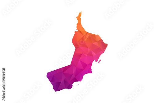 Oman Map - Polygon Style Vector Illustration in Orange and Pink Gradient, Low Poly Geometric Design, Isolated on White Background for Infographics and Education.