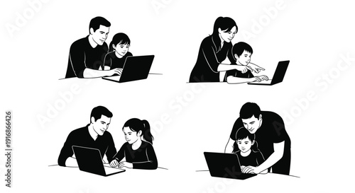 Family members interacting with laptops in a simple graphic style