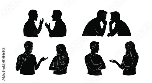 Silhouettes of people interacting in various conversational poses