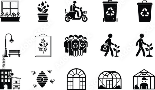 Black vector silhouette set of eco friendly urban icons featuring recycling bins greenhouses beekeeping plants and electric scooter for green city lifestyle branding