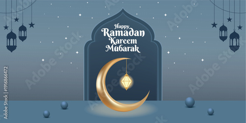 Ramadan Kareem Mubarak: A beautiful and serene greeting card design featuring a crescent moon and a traditional lantern, set against a calming blue backdrop, perfectly embodies the spirit of Ramadan.