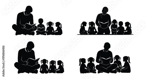 A teacher reading to a group of children shown in silhouette variations