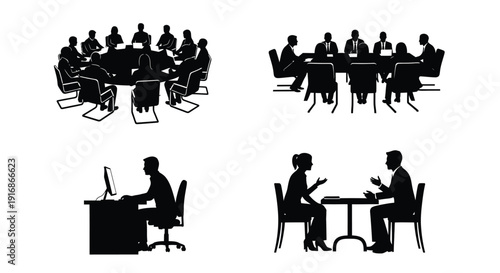 Silhouettes of people in meeting and working scenarios isolated on white