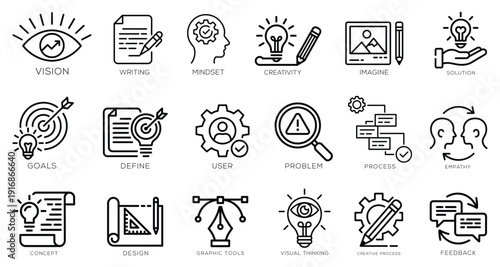 Design Thinking Outline Icon Set, Editable Stroke Vector Line Art