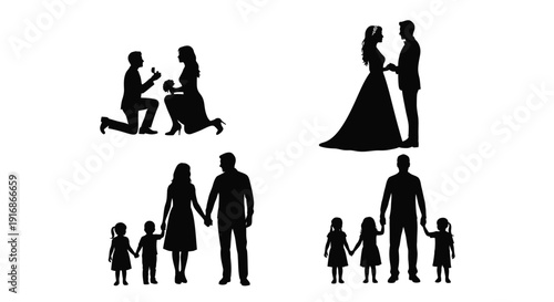 Silhouette depictions of family milestones proposal wedding and growing children