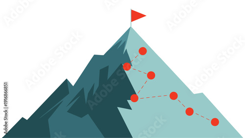 Mountain Climbing Route To Peak, Vector Illustration Showing Trail Path Hiking Expedition Summit Ascent And Outdoor Adventure Map For Travel, Sports, And Navigation Design.