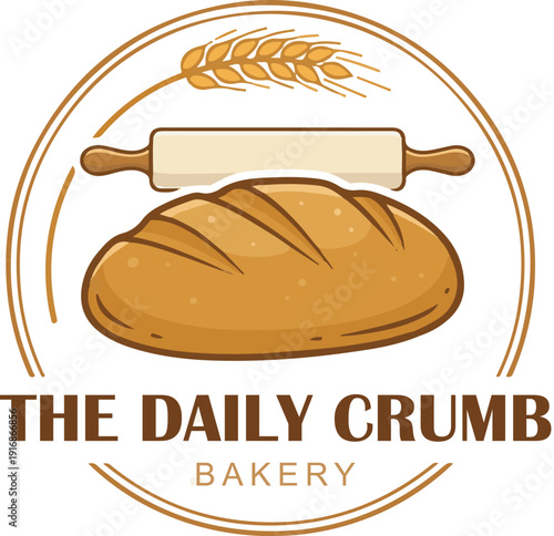 Organic bakery logo featuring a loaf of bread, a green leaf, and a wheat stalk icon
