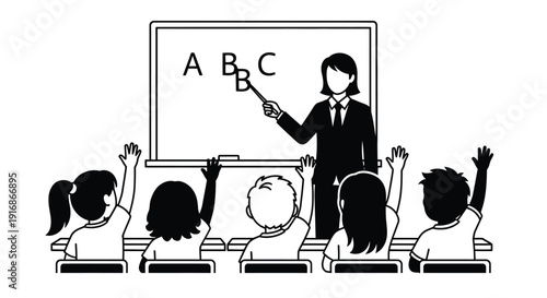 A teacher instructs a classroom of students all with hands raised