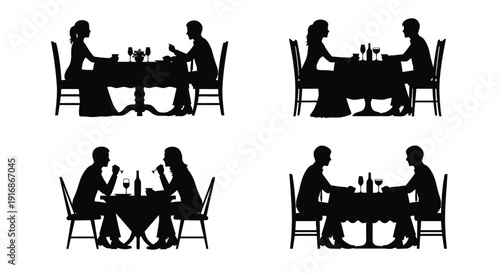 Silhouettes of people seated at dining tables in various arrangements