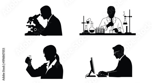 Silhouettes of scientists conducting experiments in a laboratory setting