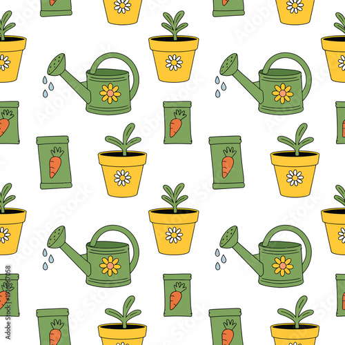 Repeating pattern of gardening tools plants and vegetables