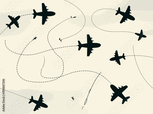 Multiple airplanes flying in different directions with dotted flight paths.