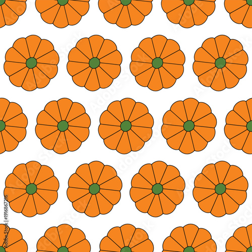 Seamless pattern of vibrant orange pumpkins with green centers on white