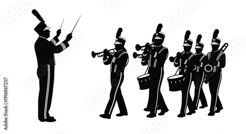 A black and white illustration of a marching band performing music