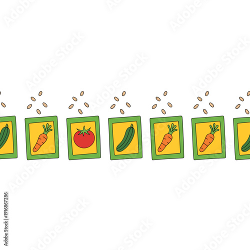 Colorful cartoon border featuring various vegetables and scattered seeds