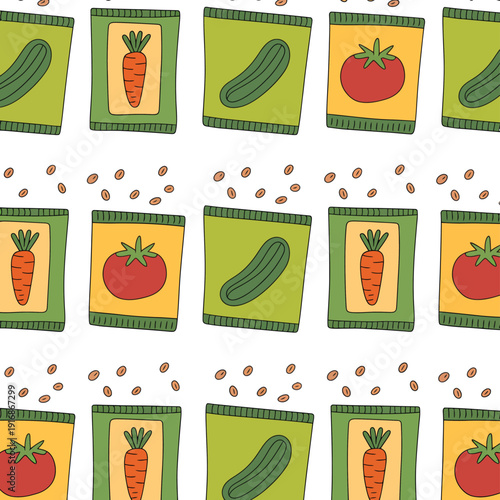 Colorful vegetable seed packets and scattered seeds create a playful pattern