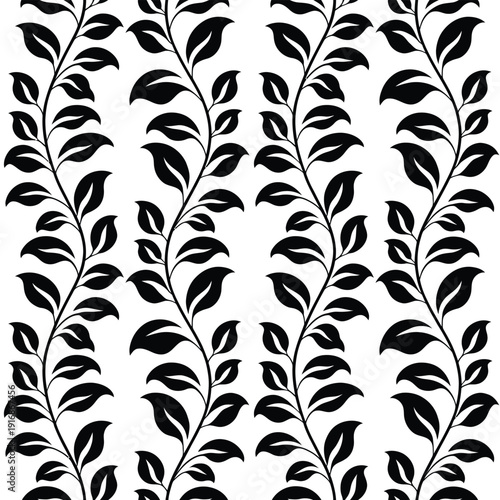 Seamless pattern of stylized black leaves and stems on white background