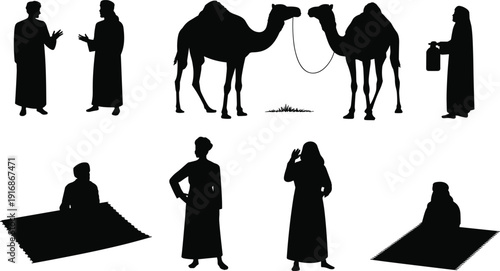 Arab people and camel silhouettes set, traditional Middle East desert life scene with men in robes, sitting on carpet, black isolated figures on white background.