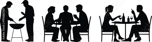 Barbecue and dining people silhouette set with friends grilling food, group conversation at table, couple drinking wine in restaurant, social gathering icons isolated on white.