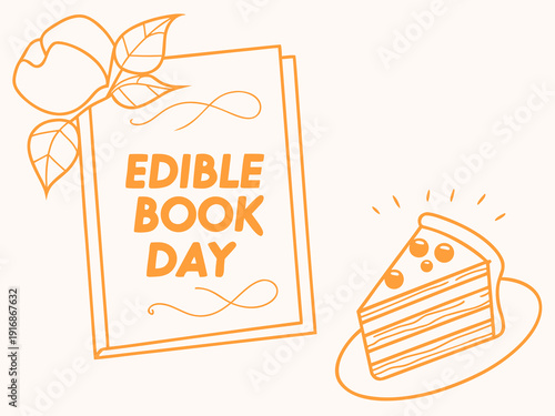 edible book day orange line art illustration with cake and book